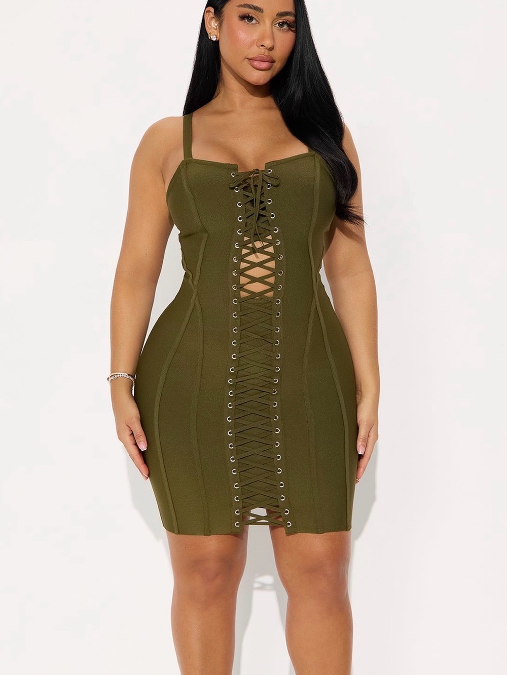 Fashion Nova Olive Green Lace-Up Corset Mini Dress